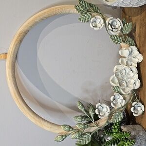 Lovely Wooden Wreath with Painted Metal Floral & Foliage Accents​​​
